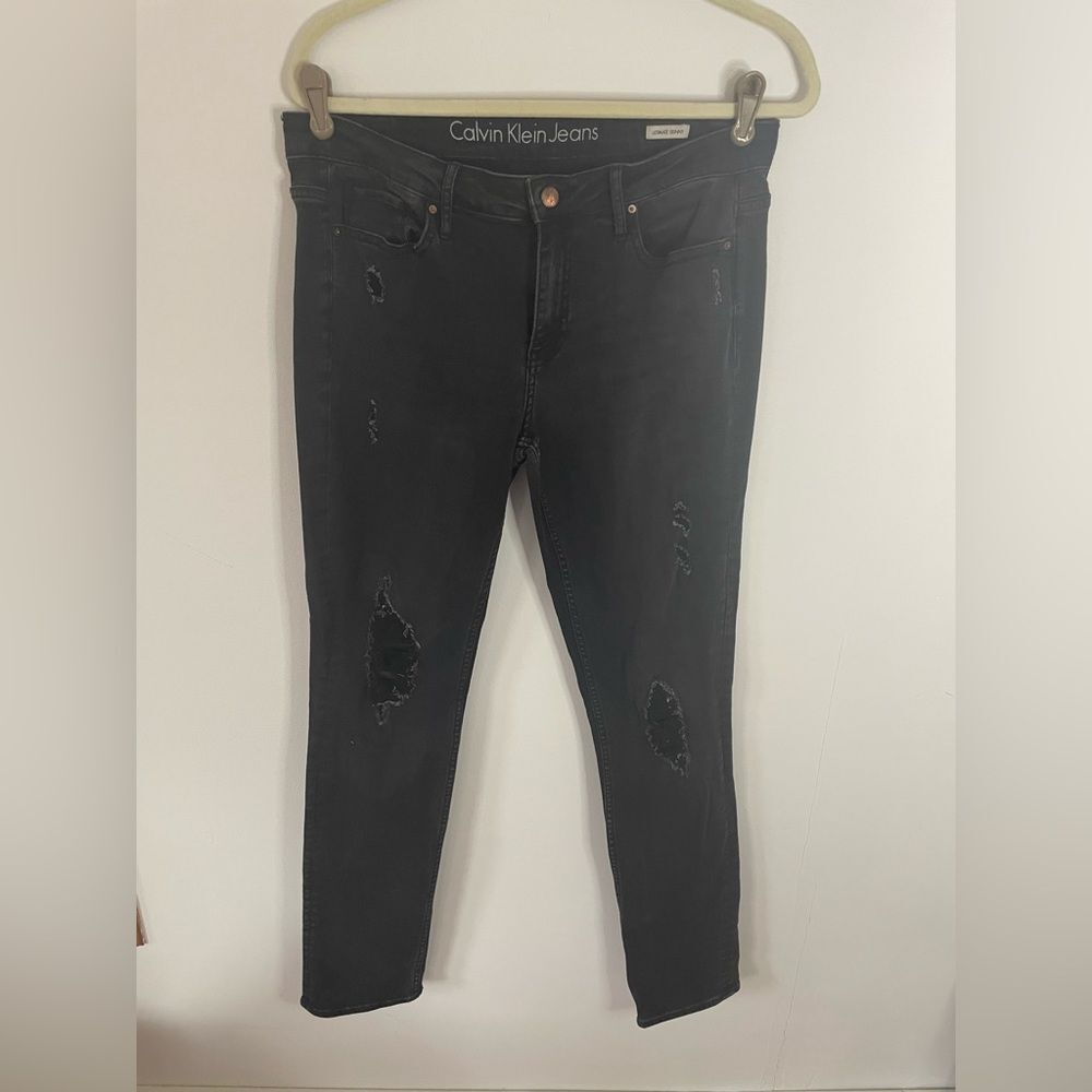 Calvin Klein ultimate Skinny Jeans 31x32 black w/ distressing leather underneath